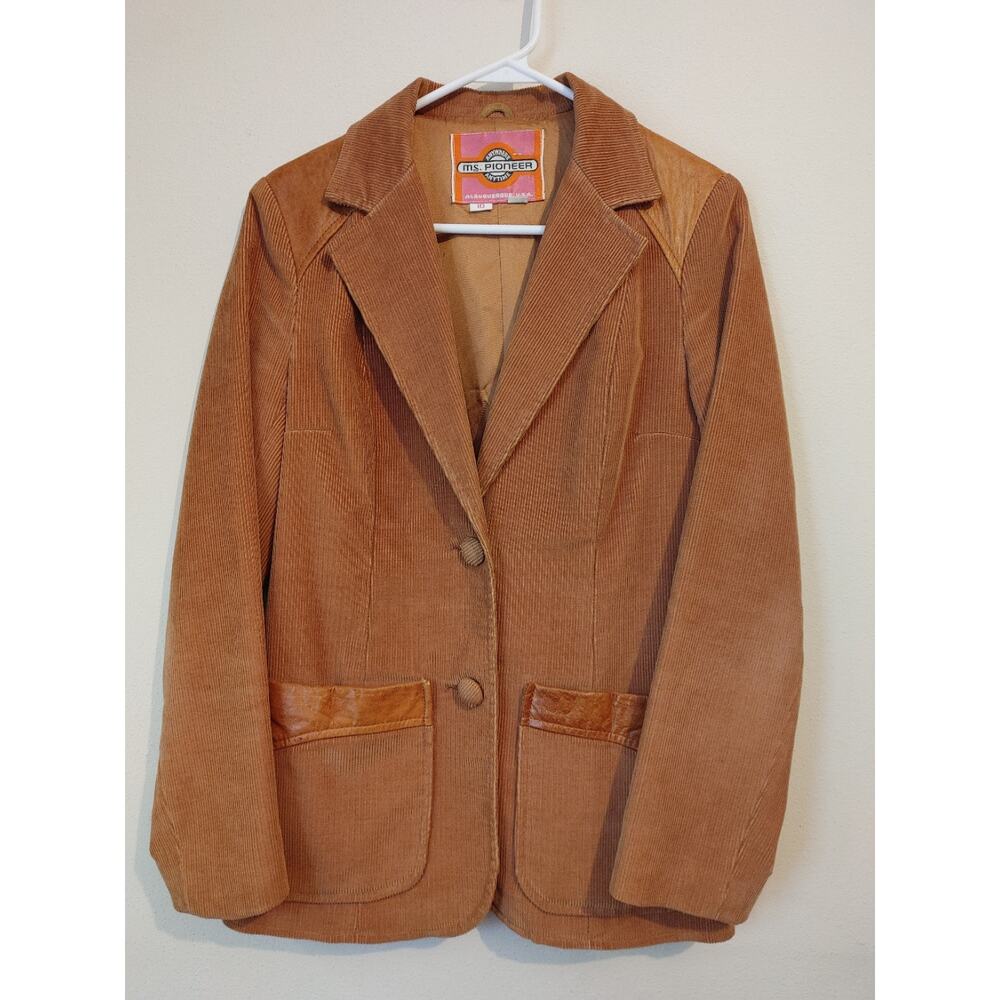 Vintage Ms. Pioneer Womens Jacket Corduroy Leather Blazer Camel Sz 10